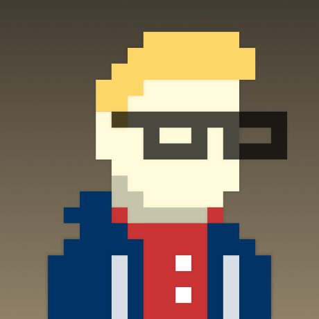Pixel-art portrait of Cameron: blond hair, black glasses and a navy jacket