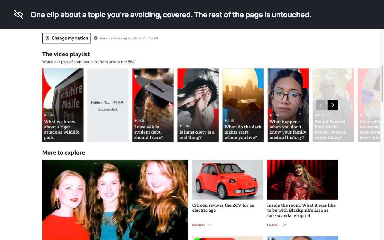 A row of BBC video clips where one clip about a hidden topic is replaced by a grey card. The other clips and the stories below are shown as normal.