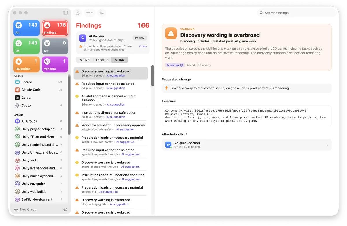 The Findings view listing warnings from an AI review, with one finding open showing a suggested change and the evidence behind it.