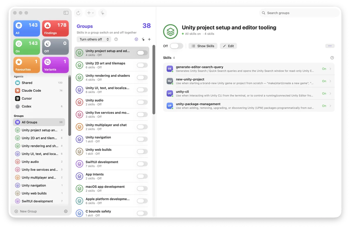 The Groups view with 38 colour-coded groups, each with an on/off switch, and one group open showing its four skills.