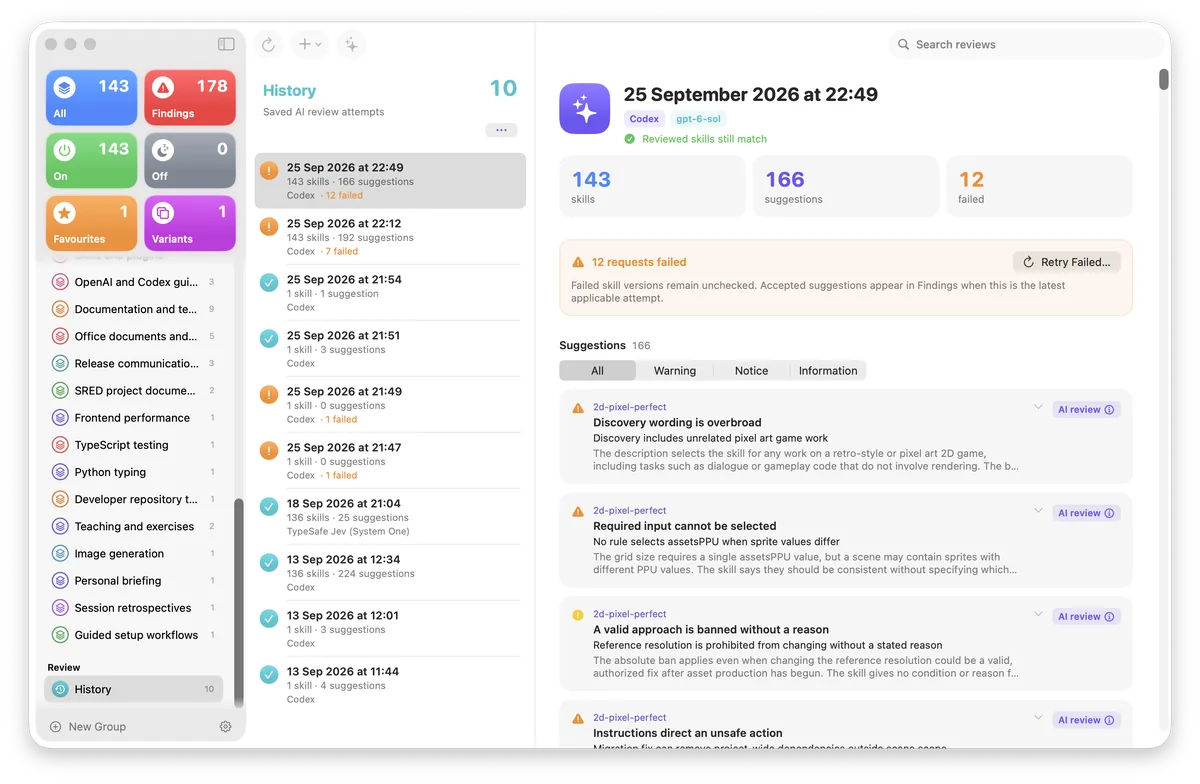 The review History view: a list of past reviews and one review open with totals for skills, suggestions and failed requests.